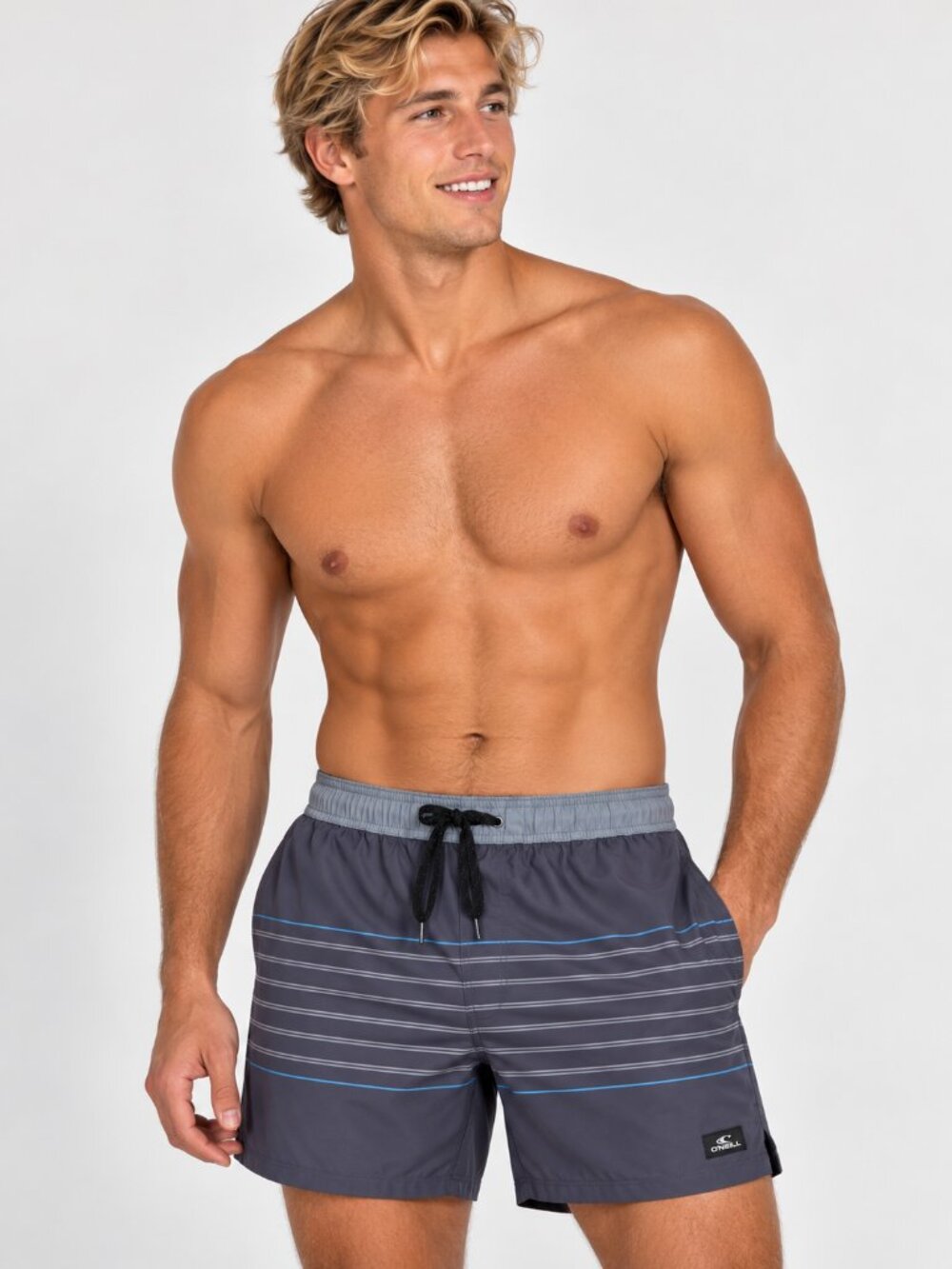 NWT O'Neill Men's Charcoal Gray Swim Trunks with Light Blue Stripes